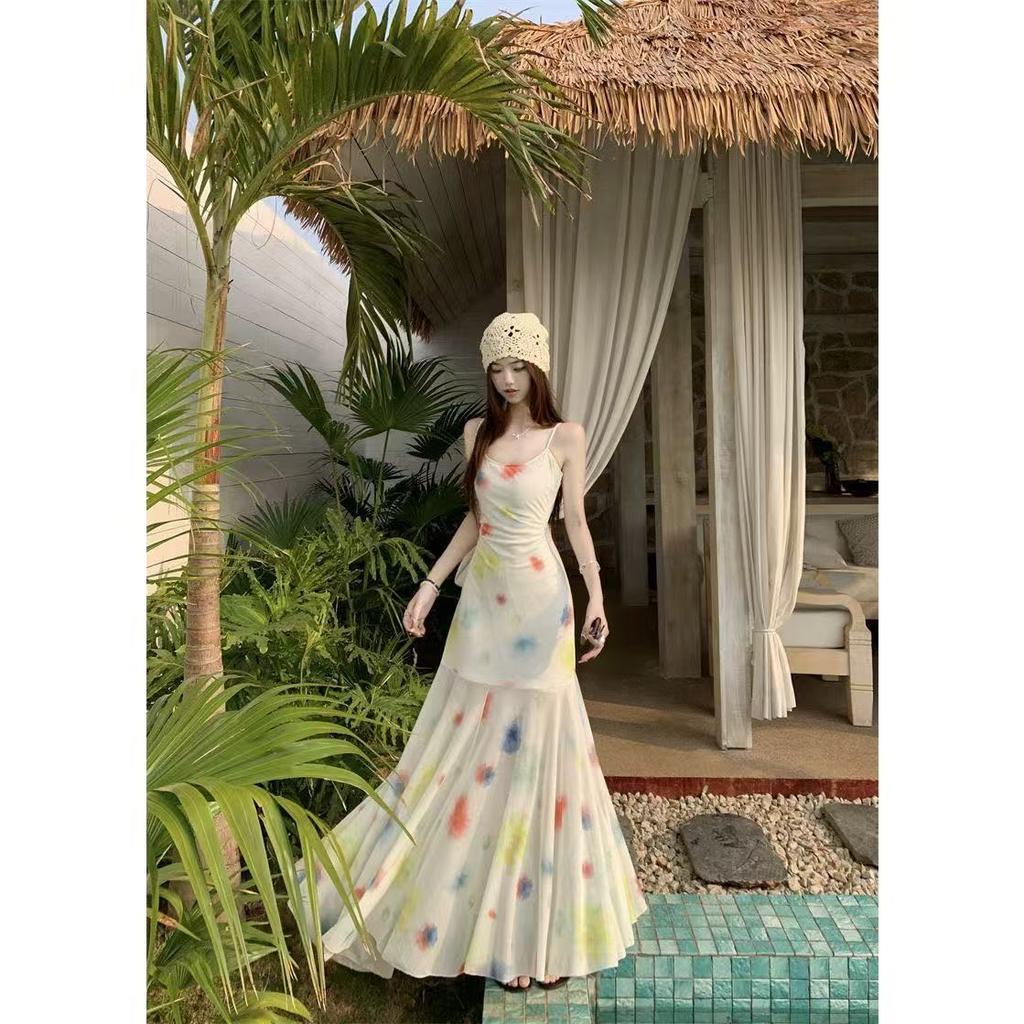 Seaside Vacation Feng Shui Color Suspender Dress Women's New Summer Small Long Pendulum Fishtail Dress