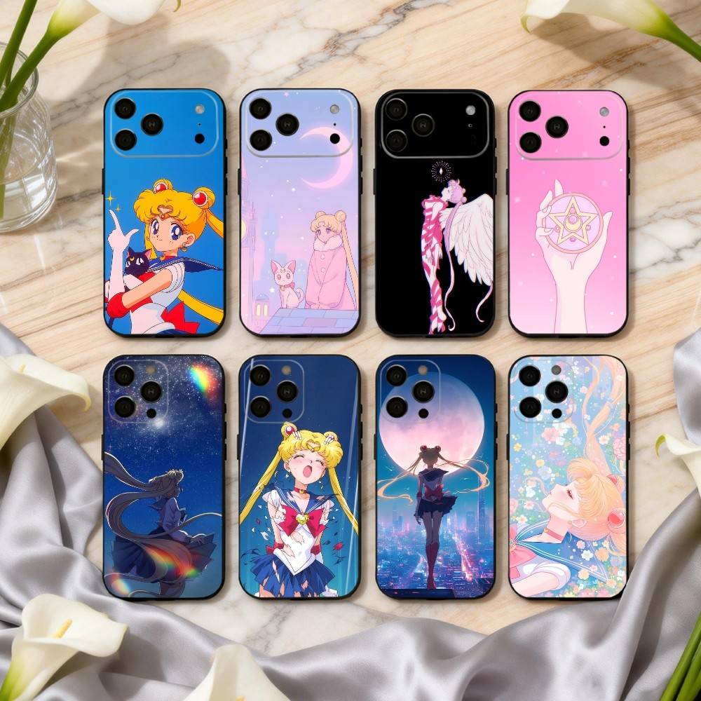 Sparkle Pastel S-Sailor M-Moons Phone Case For iPhone 17pro,16,15,14,13,12,11 Plus,Pro Max,XS,Soft Silicone Black Cover