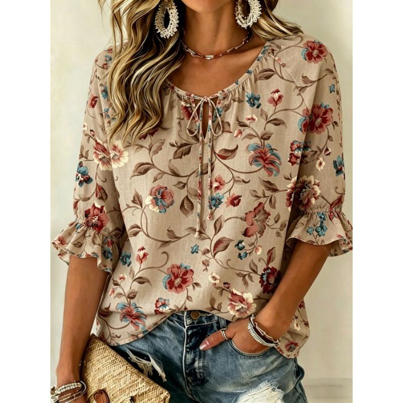Women's Beige Multicolor Floral Print Tie Neck Blouse, Casual Loose Tops for Spring Summer Daily Wear & Vacation Occasions