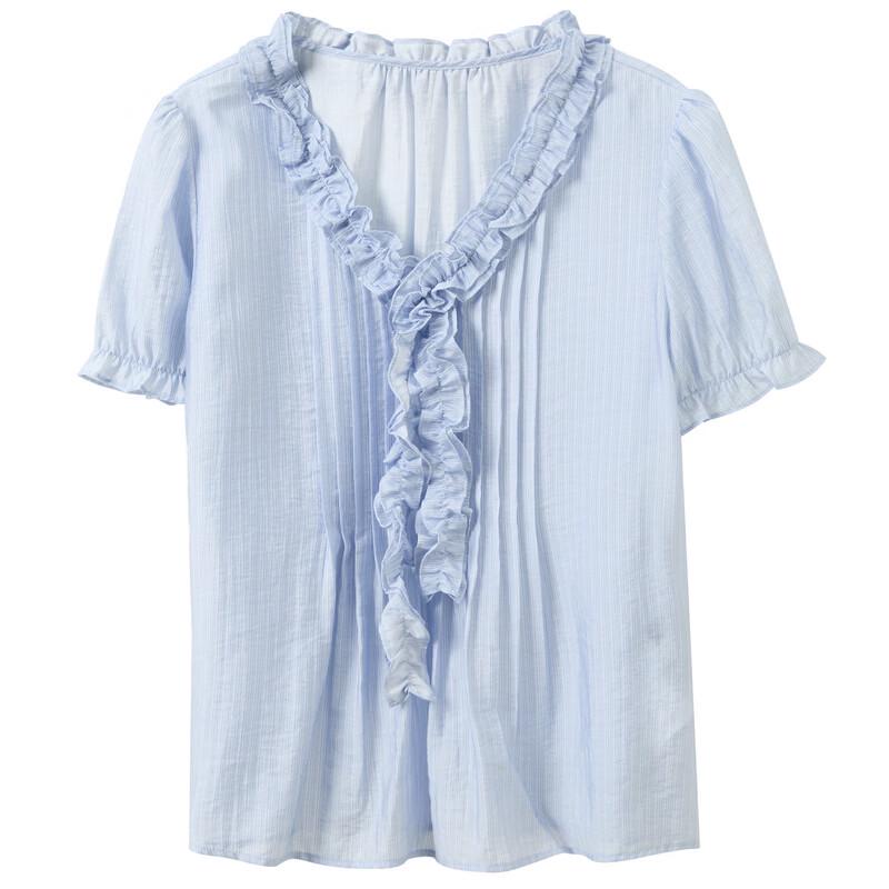 San Cai Lyocell Ruffle V-Neck Short Sleeve Blouse