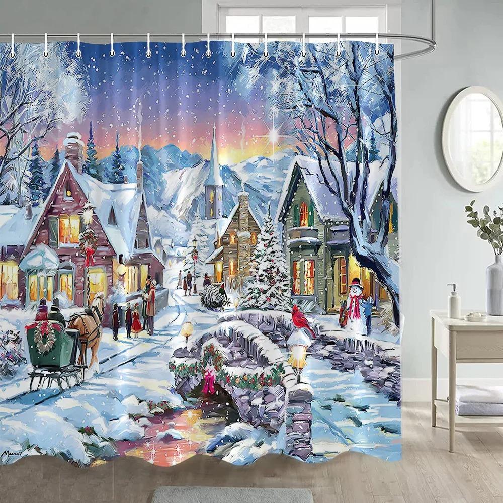 Winter Christmas Shower Curtain Funny Snowman Xmas Trees Fireplace Truck Forest Snowy Scene New Year Holiday Home Bathroom Decor