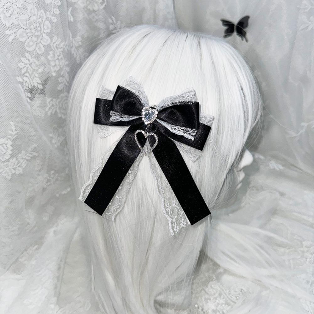 1/2Pc Heart Pendant Lace Bow Hair Clips Y2k Style Ponytail Hairpins Kawaii Gothic Hair Clips Anime