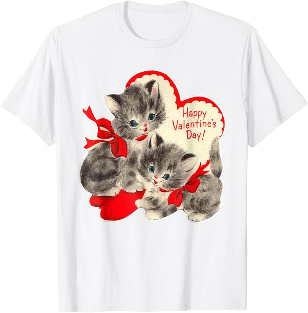 Vintage Kitten Valentine Graphic T-Shirt Retro Holiday Print Soft Cotton Casual Daily Tee