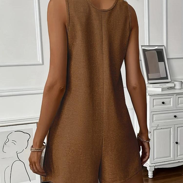 Button-down Front with Pocket Jumpsuit, Summer Casual Solid-color Sleeveless Jumpsuit