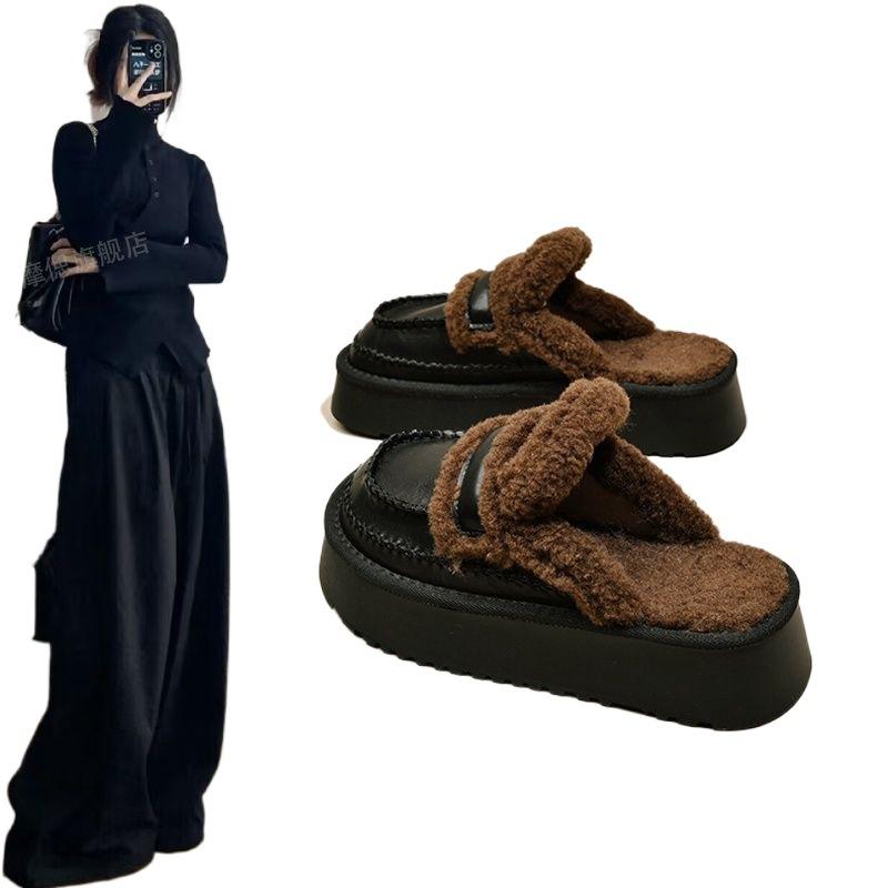 Thick-soled Birkenstocks women's outer wear fluffy slippers 2025 new autumn and winter velvet snow boots bag head half slippers cotton tow