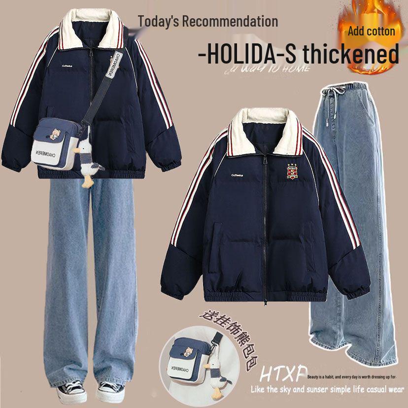 Colorblock Winterset: Lässiger Baumwollmantel im koreanischen Stil & Jeans mit Kordelzug für Studentinnen