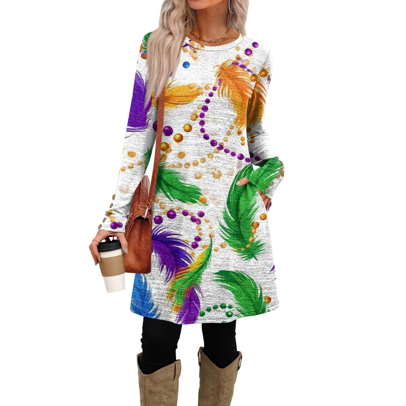 

Женское модное повседневное платье с карманами, декоративными пуговицами, карнавальными принтами, круглым вырезом и длинными рукавами M