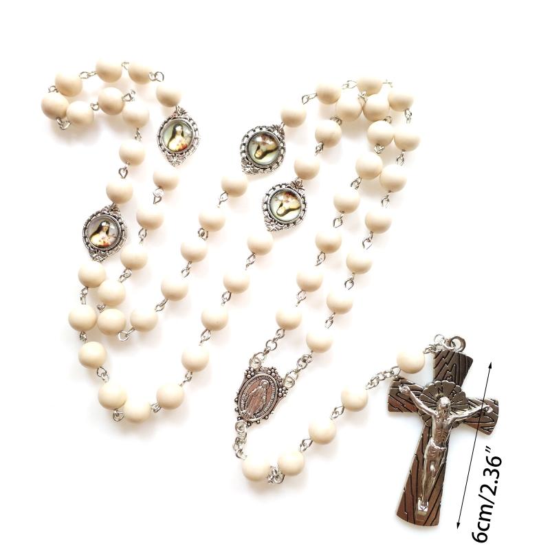 Catholic White Beads Rosary Necklace Virgin Mary Medal & for Cross Pendant Favors for Baptism Communion Weddings Party
