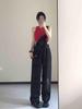 Damen Schwarz Denim High Waist Weites Bein Jumpsuit - Frühling/Herbst Altersmindernd Bodenlang Overalls