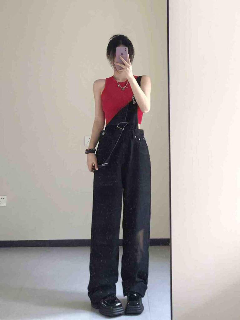 Damen Schwarz Denim High Waist Weites Bein Jumpsuit - Frühling/Herbst Altersmindernd Bodenlang Overalls