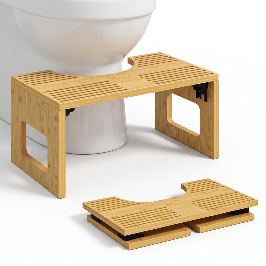 Folding Bamboo Toilet Stool, Footrest Stool for WC with Non-Slip Feet, for Bathroom, Oak