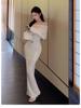 One-Shoulder Apricot Long-Sleeve Knit Dress for Women with Cinched Waist and Fishtail Skirt - A Figure-Flattering and Hip-Hugging Autumn Dress.