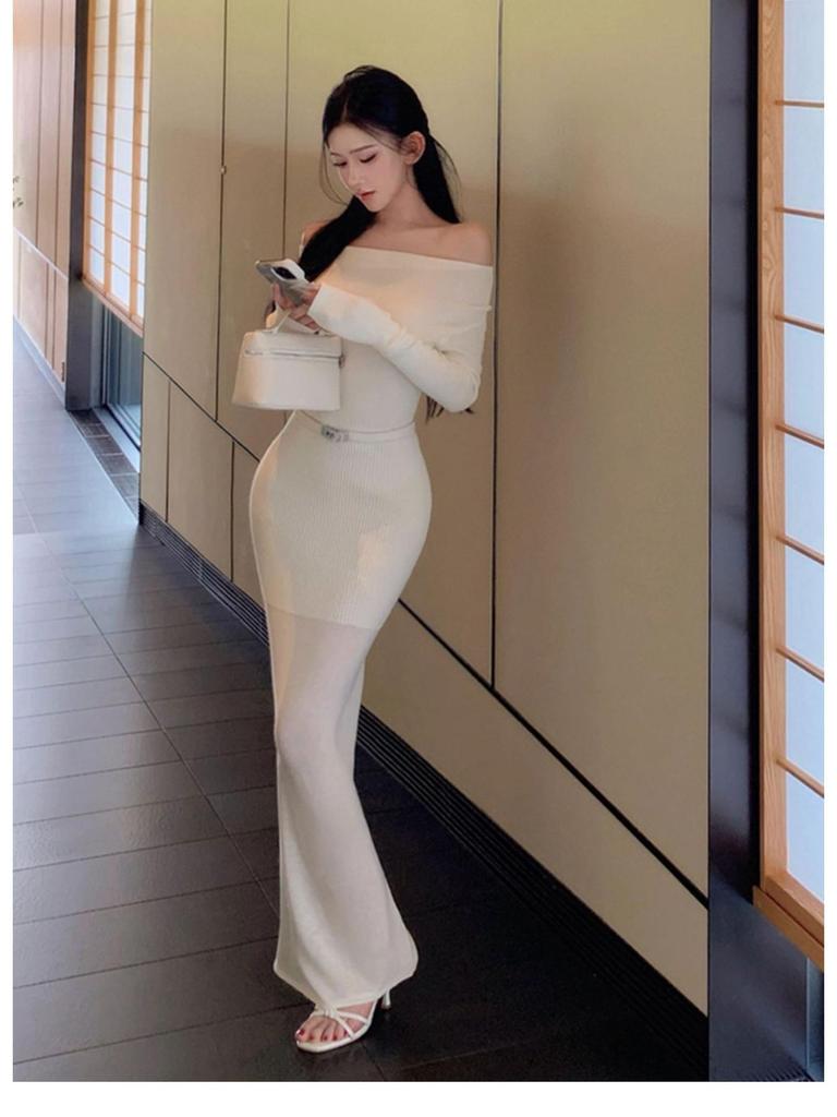 One-Shoulder Apricot Long-Sleeve Knit Dress for Women with Cinched Waist and Fishtail Skirt - A Figure-Flattering and Hip-Hugging Autumn Dress.