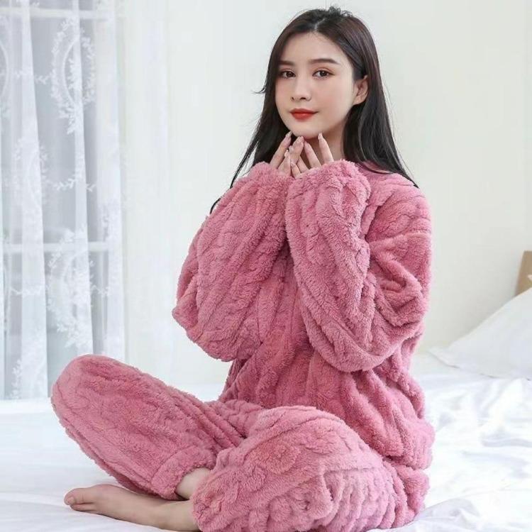 Warm Velvet Ribbed Fleece Pajama Set 2 Piece Women Autumn Pullover And Pants Casual Thicken Lounge Wear