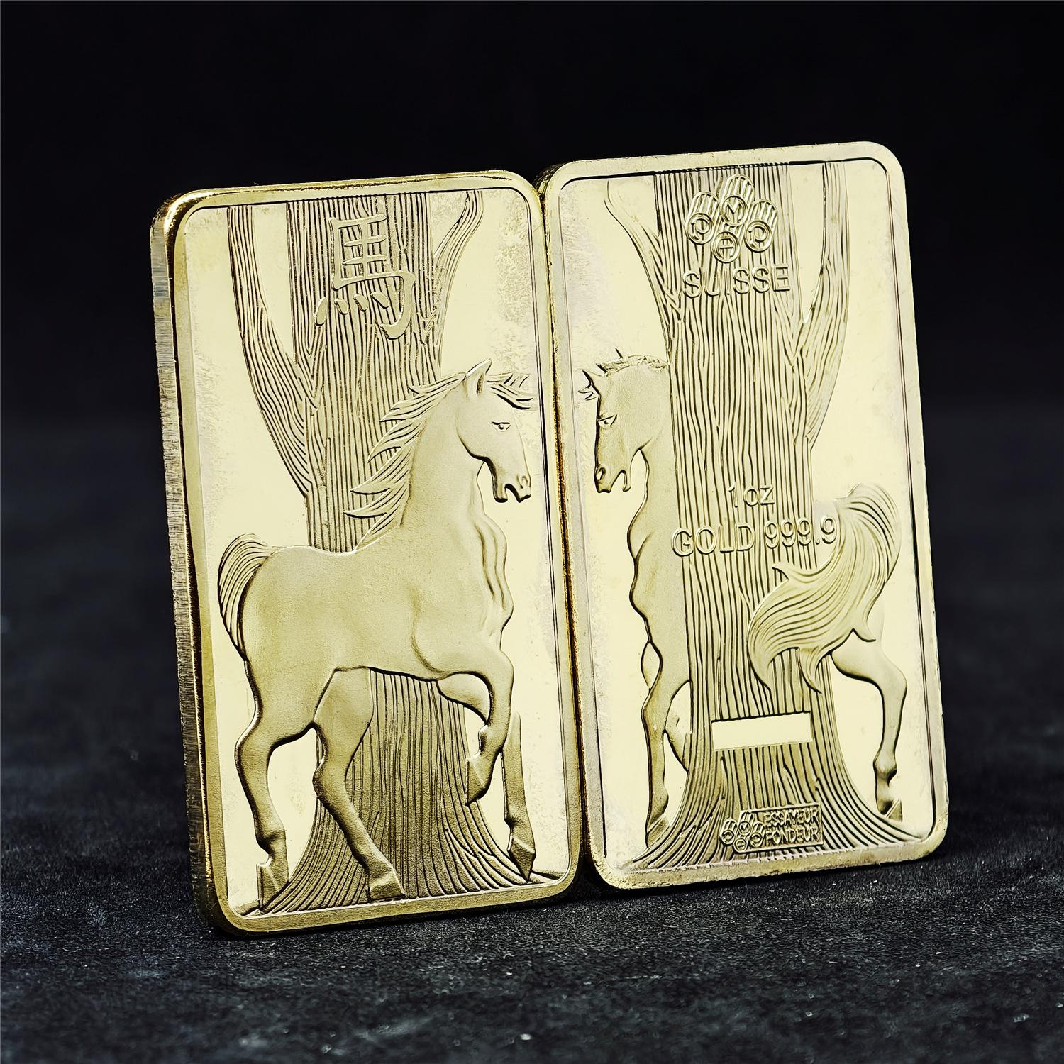 Commemorative coin, Year of the Horse coin, Swiss zodiac Year of the Horse commemorative coin, Swiss dragon, square dragon and horse gold bar block