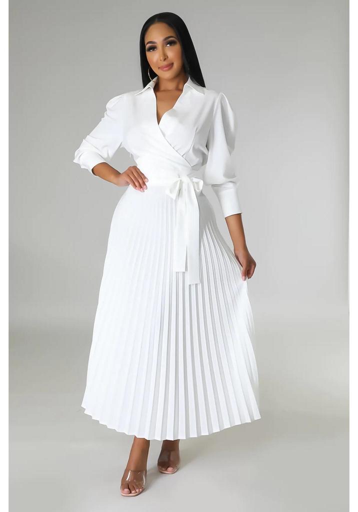 Cross-Border Europe Spring Long Sleeve Polo Collar High Waist Pleated Women's Casual Dress