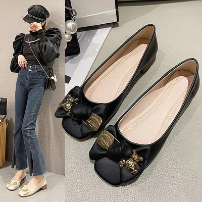 Fashion Elegant Bowknot Ballerina Women's Shoes Square Toe Low Heel Shoes Comfort Slip-On Ladies Leather Soft-soled Single Shoes Women