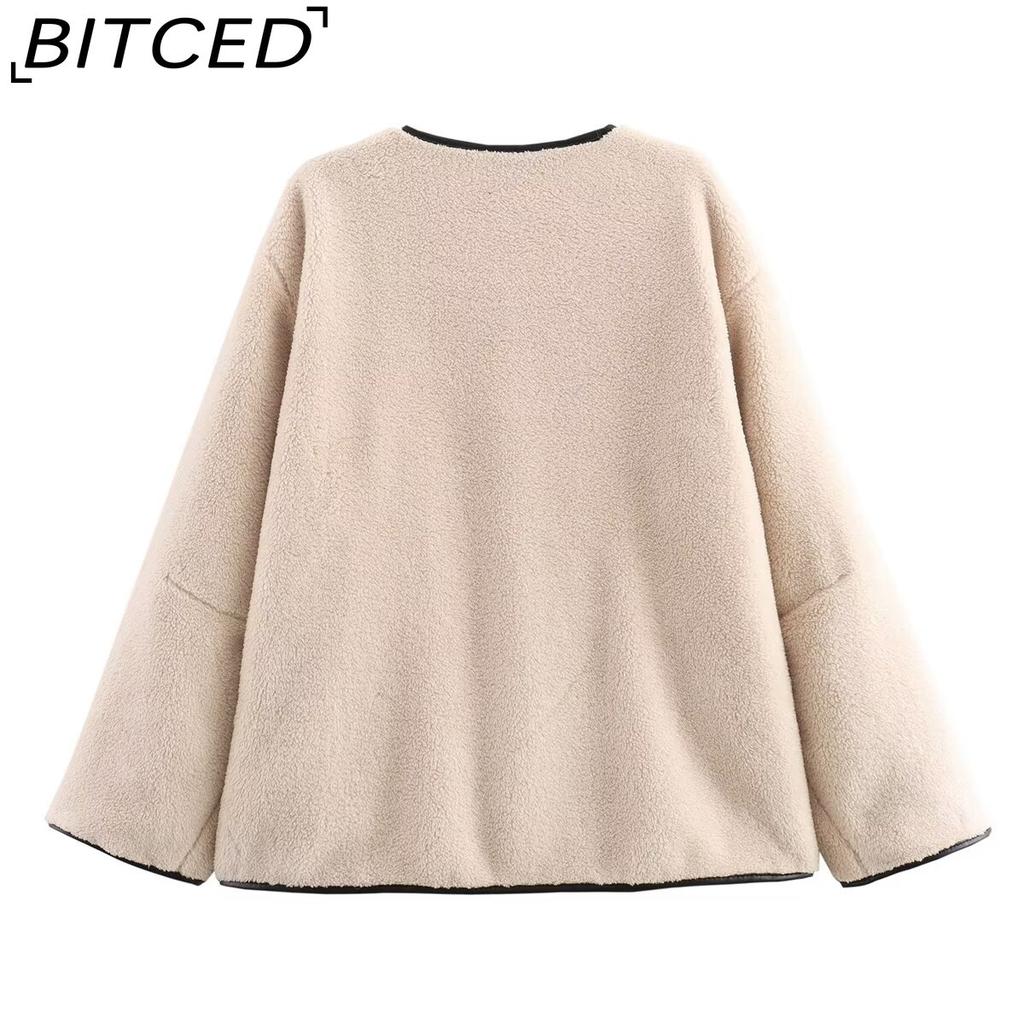 BITCED Women's Spring/Autumn Plus Size Casual Oversized Shearling O-Neck Jacket
