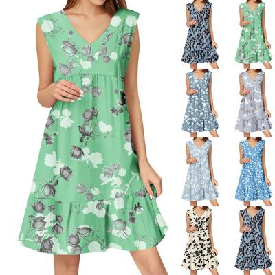 Womens Summer Dress Sleeveless V Neck Printing Short Dresses Fashion Casual Flowy Boho Ruffle A Line Swing Sundress