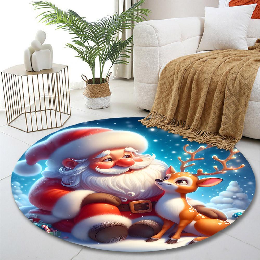 Santa and Reindeer Under Snowy Sky Print round rug, living room, bedroom, playroom carpet, non slip floor mat, gift
