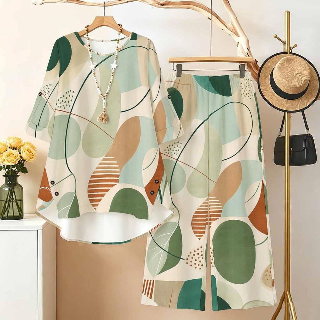 Women Plus Size Round Neck Three Quarter Sleeve Geometric Printed High Low Top And Long Pants Two Piece Set