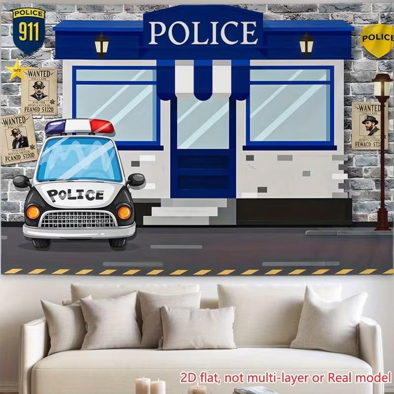 2D Cartoon Police Station Backdrop with Police Car & Wanted Posters