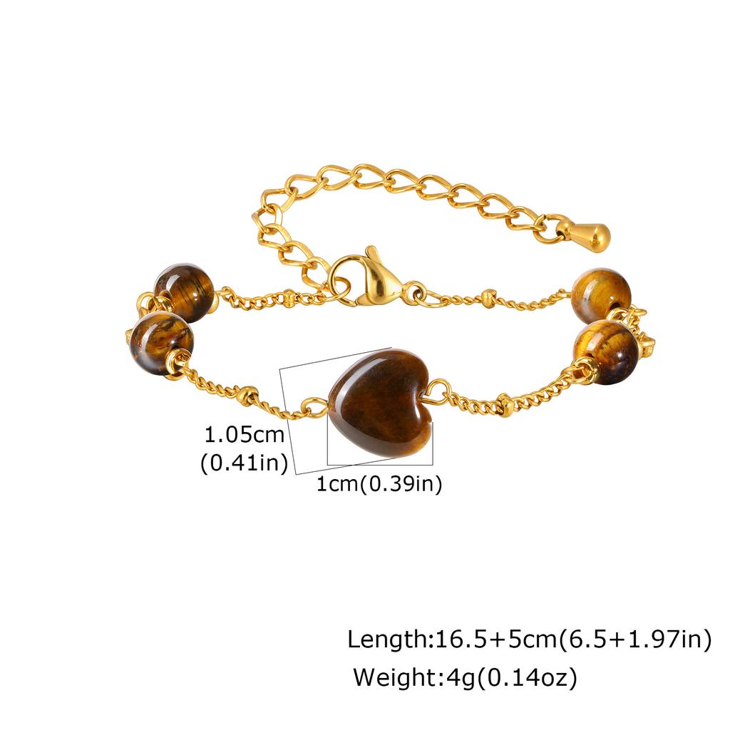 Heart-shaped Tiger Eye Natural Stone Charm Bracelet for Women, Stainless Steel Link Chain Waterproof Gold Plated Jewelry Gift