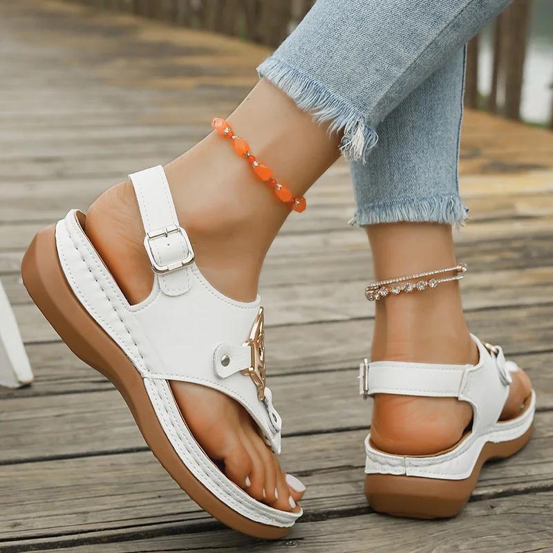 Fashion Metal Decoration Women's Wedge Sandals Summer 2025 Fashion Clip Toe Platform Sandals Woman Comfy Thick Sole Non Slip Beach Shoes