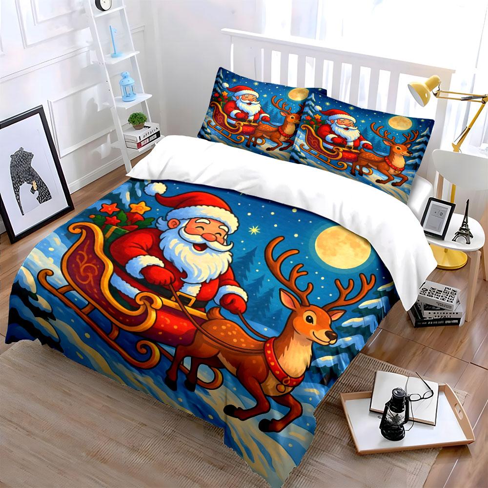 Santa and Reindeer Christmas Scene Bedding Duvet Cover Set Duvet Cover Pillowcases (1*Duvet Cover 2*Pillowcases, Without Duvet Insert)