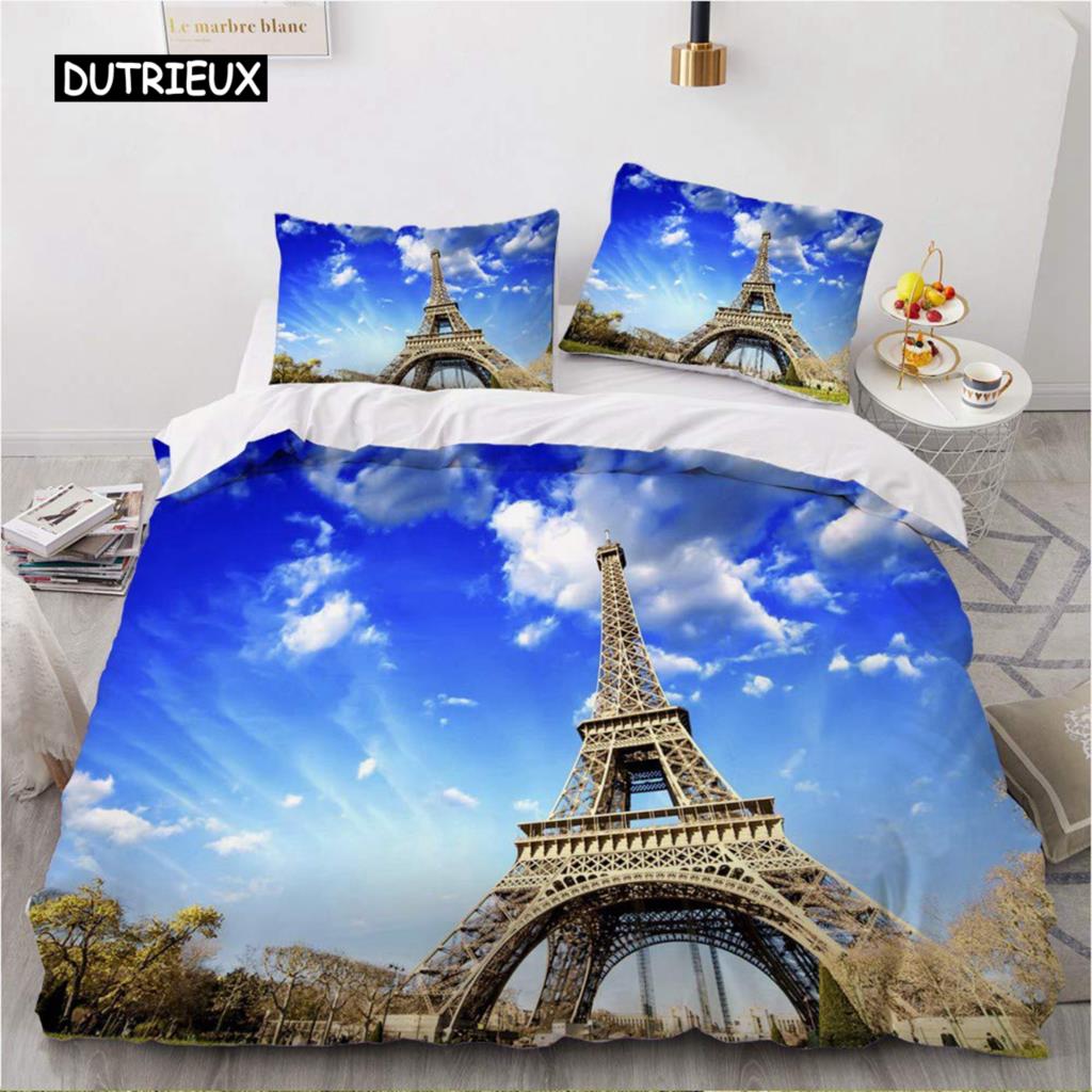 Eiffel Tower Duvet Cover Set King Size Paris Cityscape Twin Bedding Set Modern French Style Polyester Comforter Cover Boys Girls