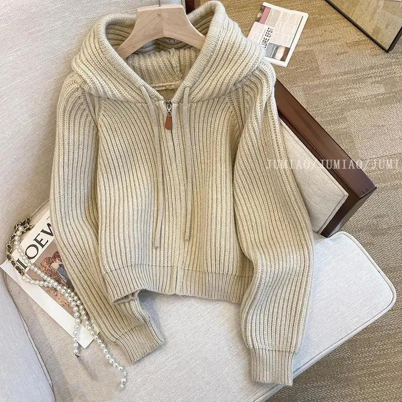 Damen Frühling Herbst Weiche Kapuzenstrickjacke Damen Innen Langarmtop
