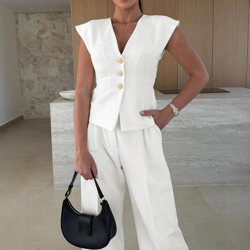 European and American Wide Shoulder V-neck Slim fit Vest High Waist Wide Leg Pants Top Set Pants and Tops Set
