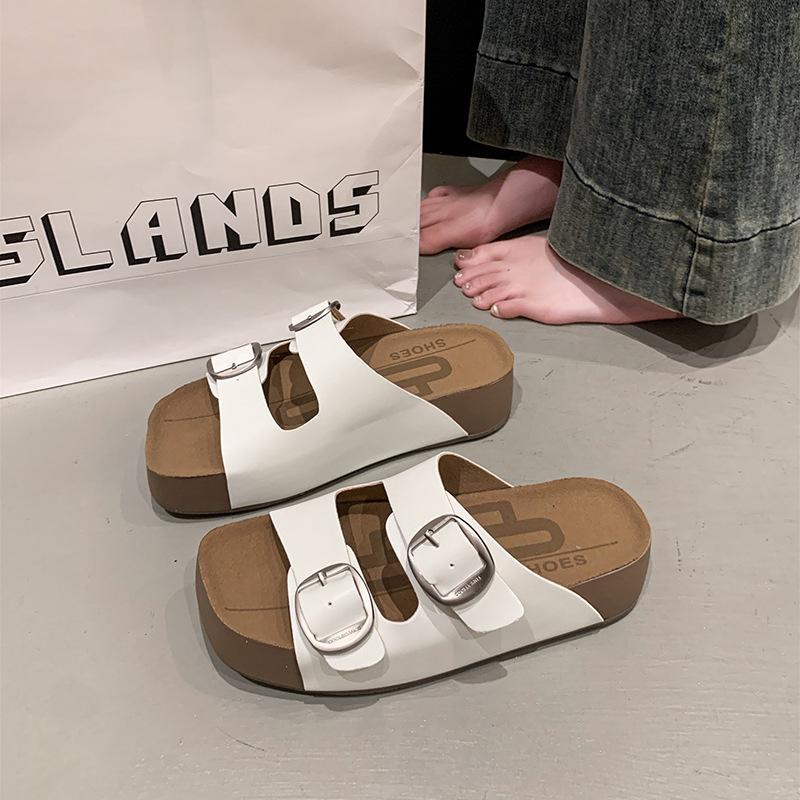 Thick-soled retro pink one-word slippers, shoes for summer new beach vacation cool slippers