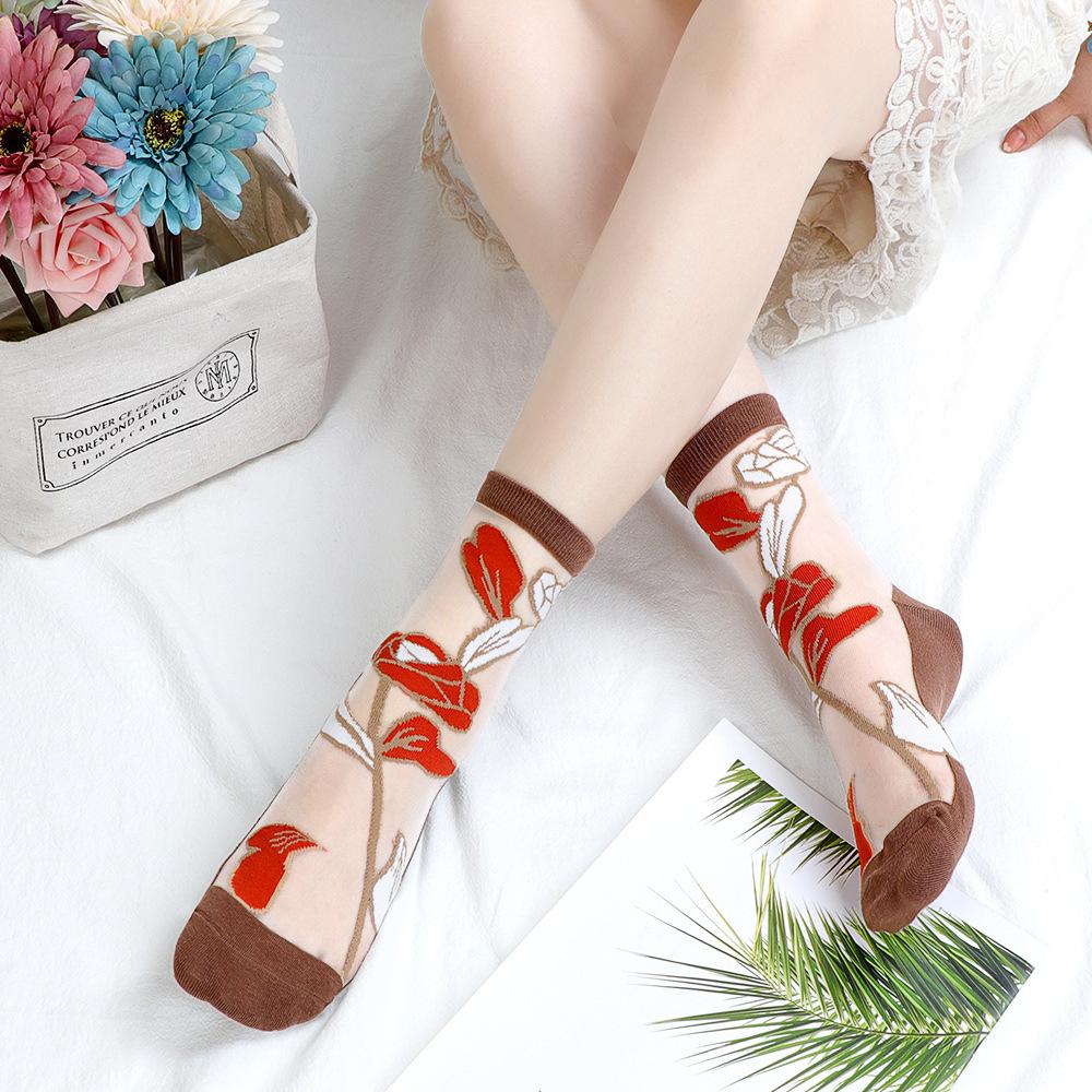 5 Pairs of Female Spring and Summer Cotton Bottom Lace Breathable Non Slip Transparent Sweat Absorbable Tube Socks