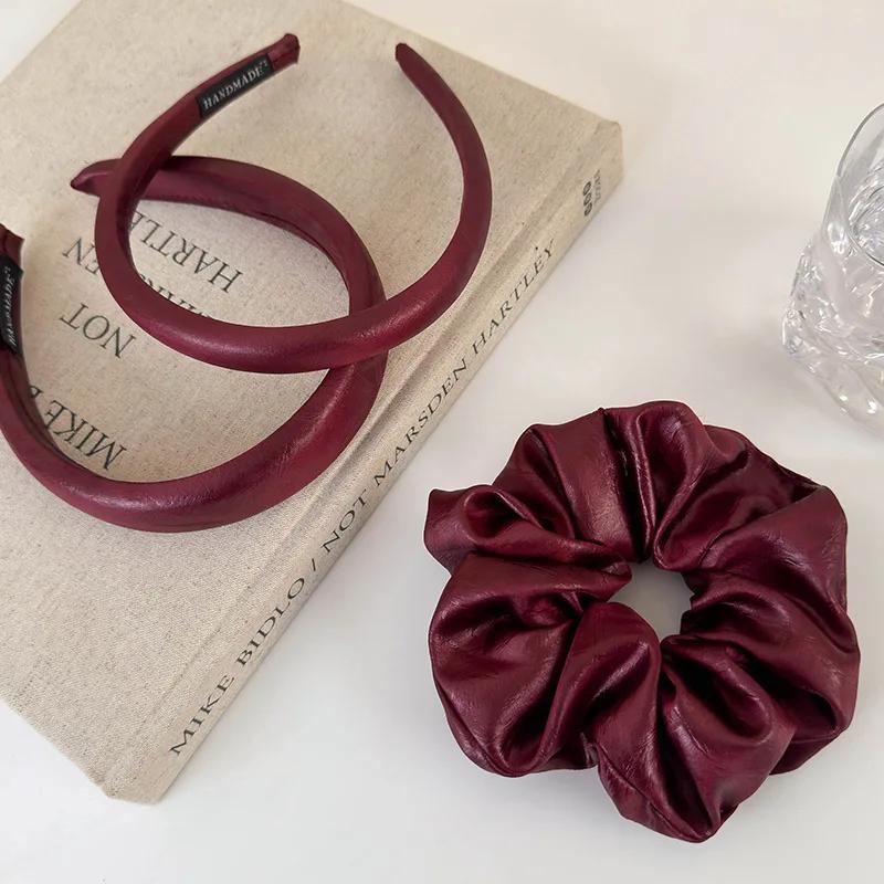 Ancola Red New Autumn Retro Leather Hair Hoop Headbands for Woman Temperament Hair Band Head Rope Female Party Hair Accessories