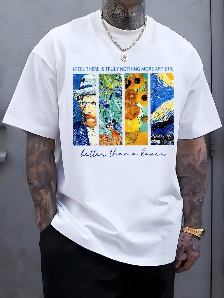 Mens Loose Cotton Tee Van Gogh Classic Paintings Collage Art Quote Print Artist Lover Male Short Sleeve Streetwear Daily Top