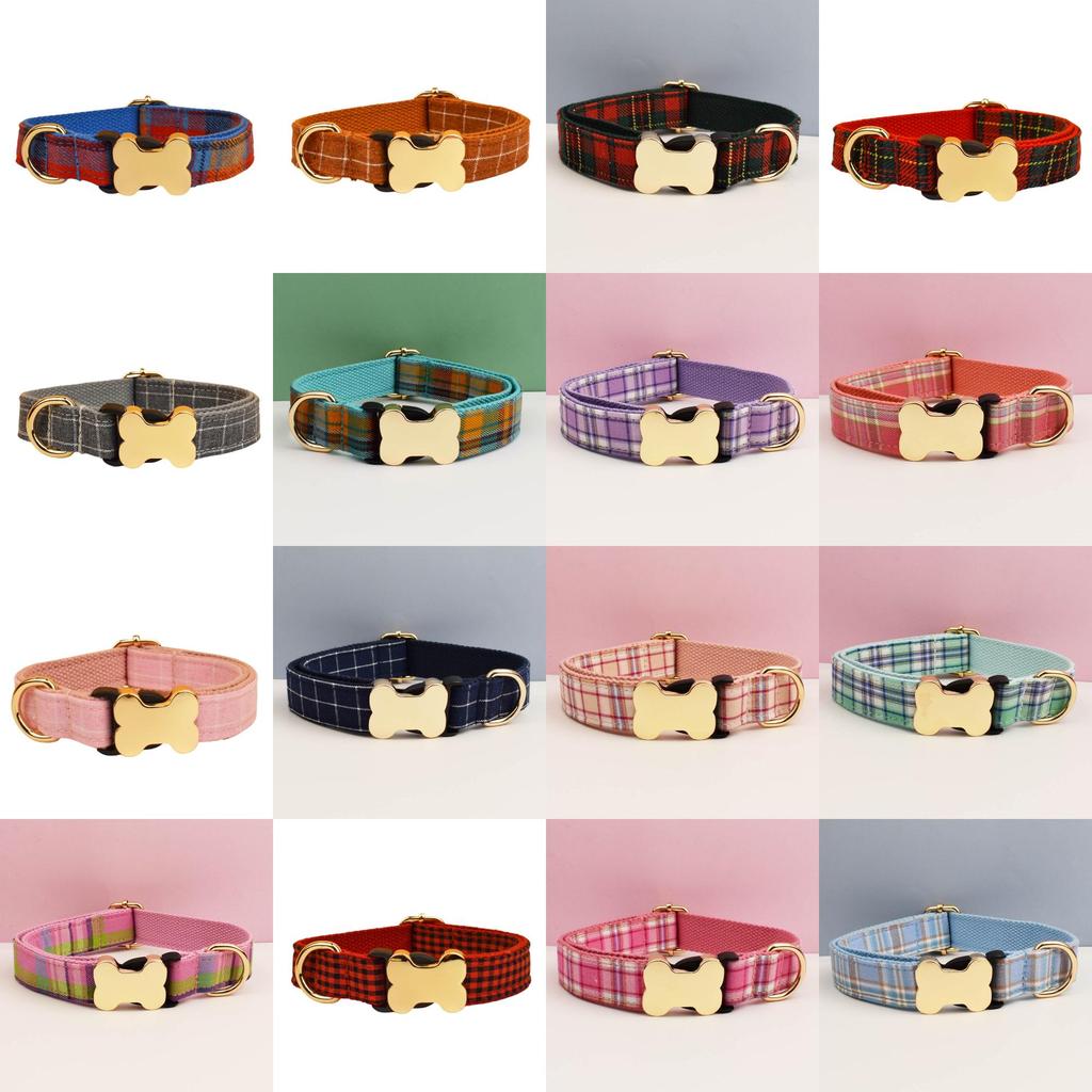 Pet Dog Collar With Grid Print Design And Bone Decor For Gift And Holiday
