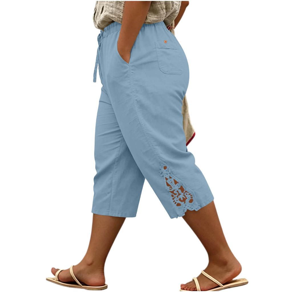 Women's Plus Size Pants Loose Fit Casual Cotton Linen with Embroidery Lace Trim
