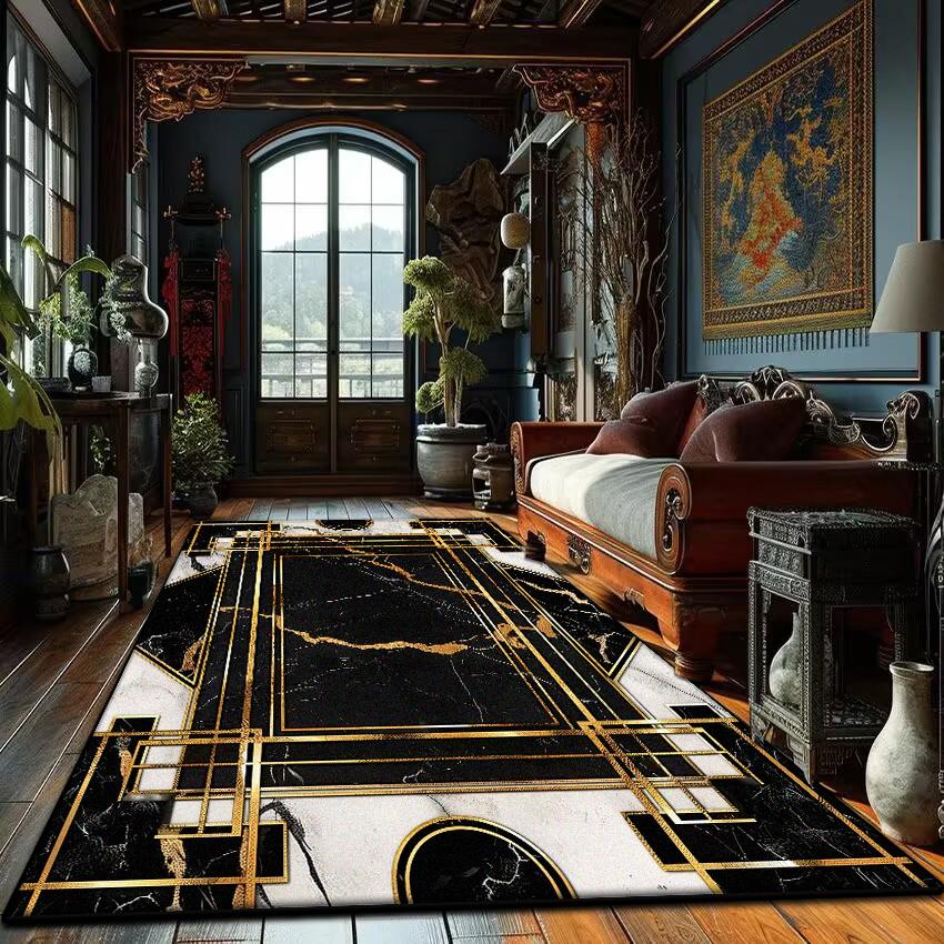 Modern Golden Frame Marble Carpet Luxury Lounge Rug Large Area Living Room Sofa Decoration Rug Bedroom Decor Bedside Floor Mat