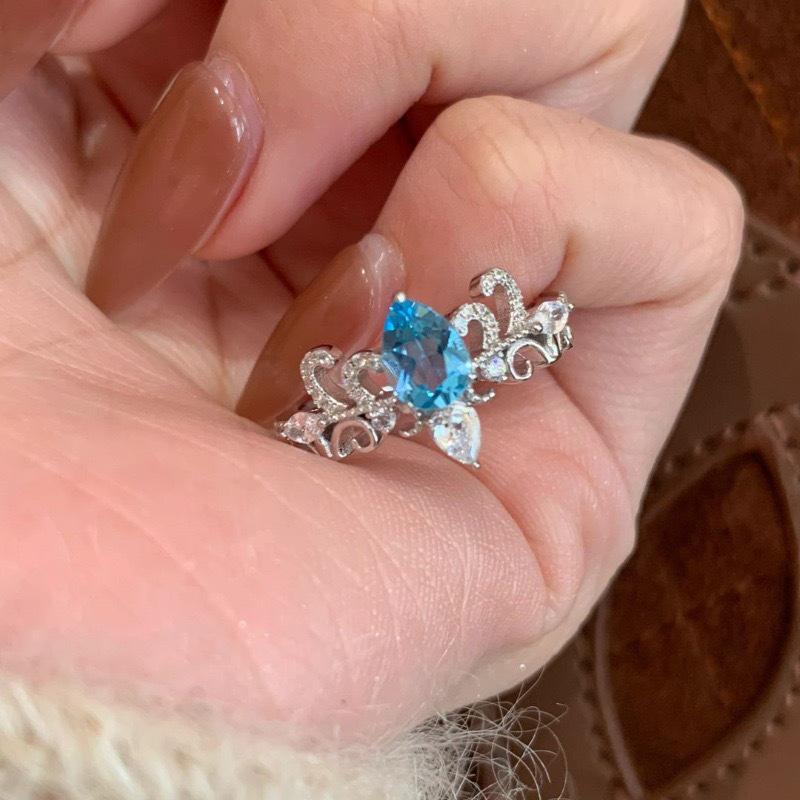 Retro Blue Tear Crown Water Drop Ring - Vintage Chinese-Style Adjustable Women s Index Ring Adjustable