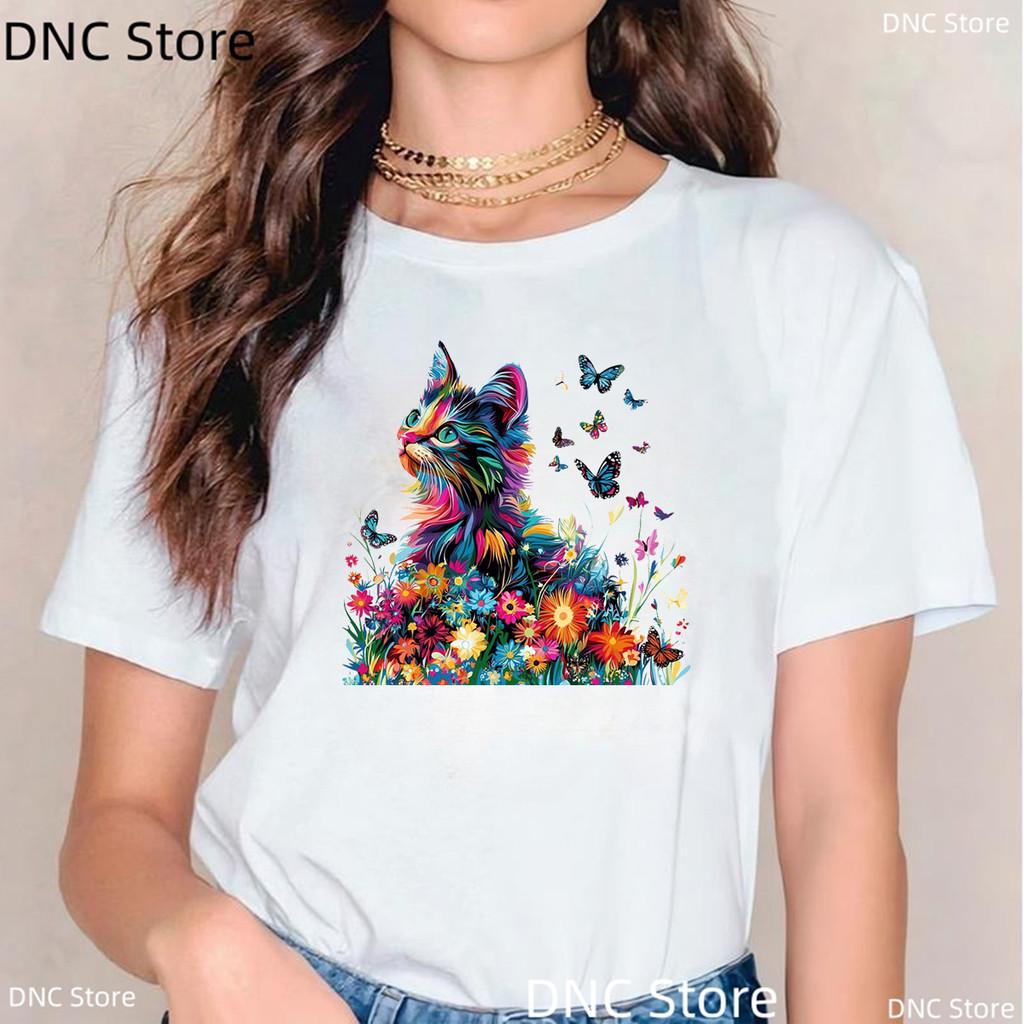 New Women'S Tshirt Funny Watercolor Butterfly Cat Animal Print Tshirt Girls Fashion Summer Female Tshirt White Short Sleeved Top