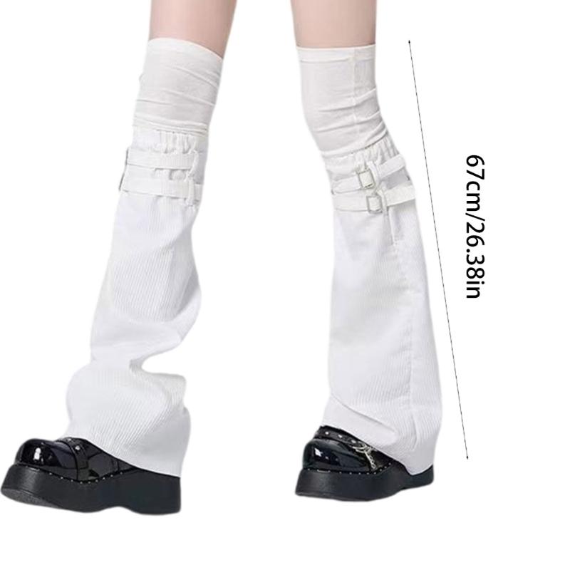 Harajuku Aesthetic Solid Color Leg Warmer Long Socks for Women Punk Buckled Strap Fastener Flared Leg Sleeves Streetwear