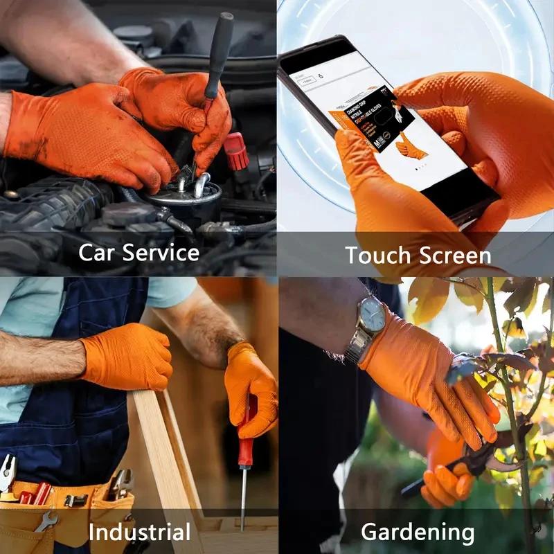 Heavy Duty Orange Nitrile Gloves 8Mil Industrial Disposable Gloves Mechanic Safety & Work Gloves with Diamond Textured Grip for