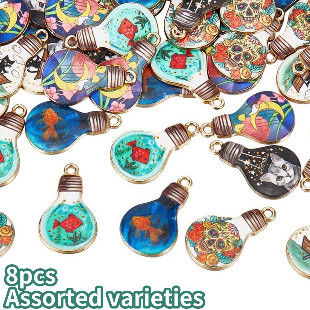 4/8/12pcs alloy enamel pendant light bulb pendant, cute cat fish moon pendant metal pendant jewelry beads DIY craft accessories