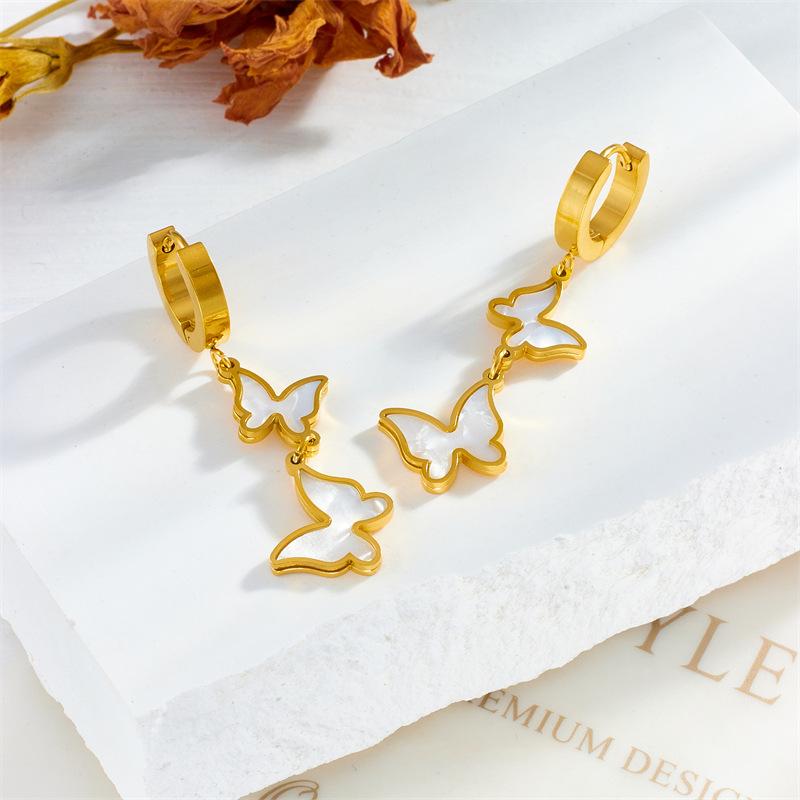 Gold Mother of Pearl Butterfly Drop Hoop Earrings
