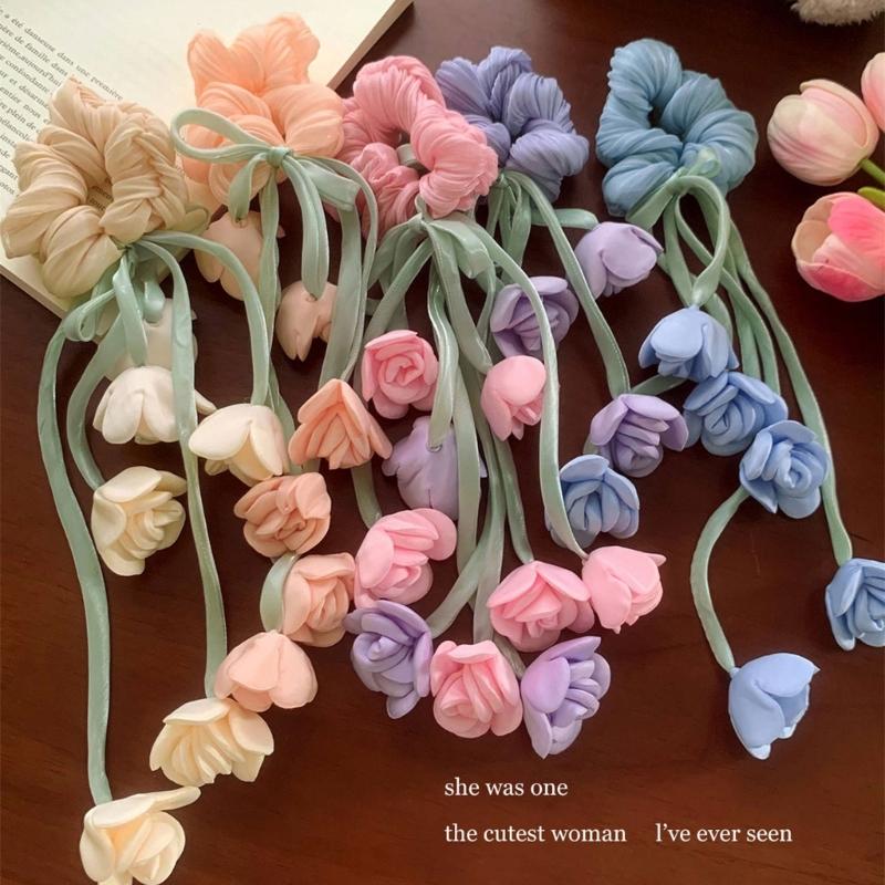 Elegant Floral Tulle Scrunchie With Fringe Detailing Headbands Rope Hair Band For Everyday Styling