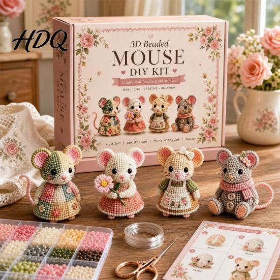 Beaded Dog Figurines 3D Craft Kit DIY Handmade Bead Art Set Cute Miniature Sculpture Cows Birds Mushrooms Beadwork Kit for Beginners Enthusiasts
