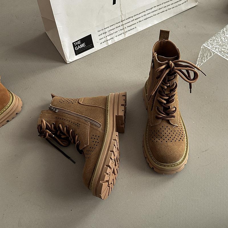 

Ретро полые с внутренней высотой ботинки Мартин женские летние новые модные универсальные на толстом каблуке шнуровка толстая подошва короткие альпинистские ботинки 40 хаки