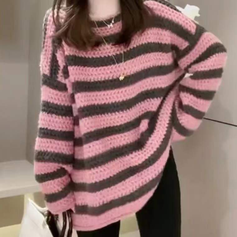 

Новый осенне-зимний ленивый полосатый пуловер для женщин, свободный тонкий вязаный свитер с круглым вырезом и длинными рукавами для женщин one size fits all розовый