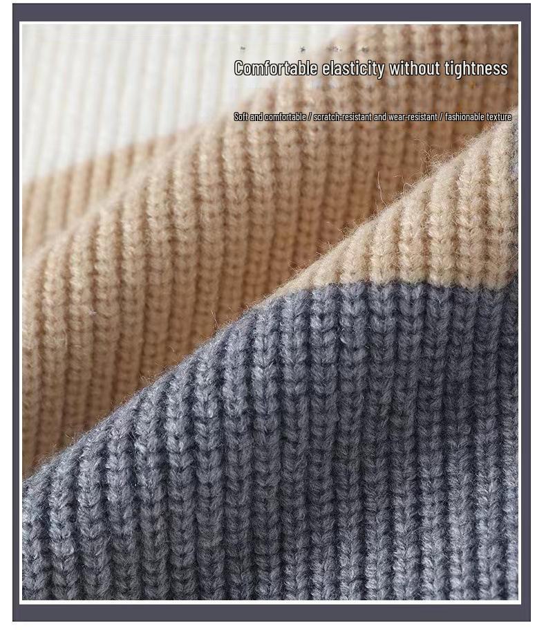 Men's Contrast Color Knitted Sweater - Loose, Trendy, Cozy, Winter Warmth
